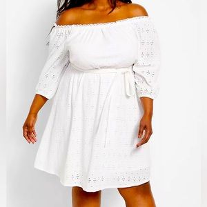 Brand New With Tag! White 3/4-Sleeve Off-The-Shoulder Eyelet Dress